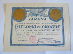 RARA! DIPLOMA DE ONOARE ARPA(AS.NAT. PROPAGANDA AVIATIEI) 6 ANI 1927-1933 foto