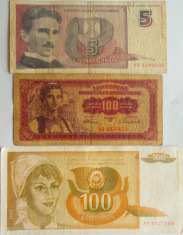 Lot/Set 3 Bancnote YUGOSLAVIA: 5 NovaDinara 1994, 100 Dinari 1955- 1990 *cod 460 foto