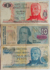 Lot/Set 3 Bancnote ARGENTINA: 1 Peso, 5000 Pesos, 10 Australes *cod 459 foto