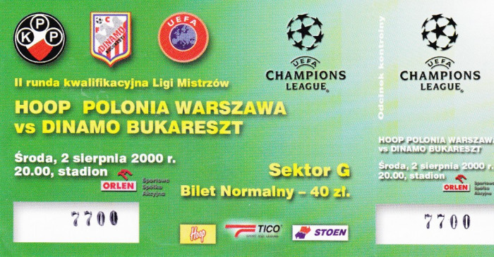 Bilet meci fotbal POLONIA VARSOVIA-DINAMO Bucuresti (02.08.2000)