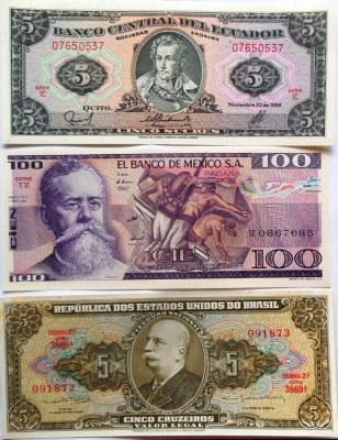 Lot/Set 3 Bancnote ECUADOR- MEXIC- BRAZILIA *cod 466 UNC foto