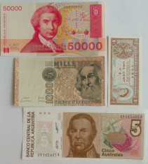 Lot/Set 4 Bancnote Italia, Hong-Kong, Croatia, Argentina *cod bancnota 471 UNC foto