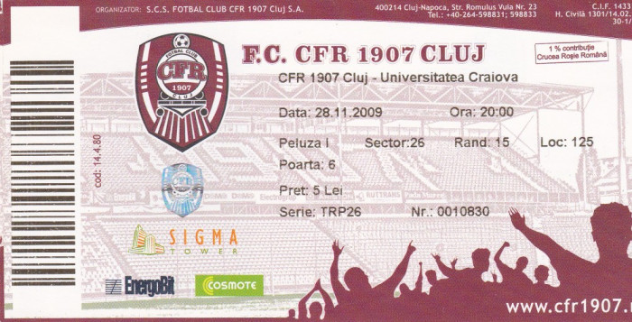 Bilet meci fotbal CFR CLUJ - UNIVERSITATEA CRAIOVA 28.11.2009