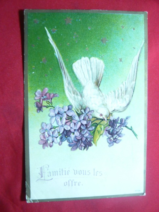 Ilustrata - Porumbel cu crenguta liliac , in relief,1907 , Franta