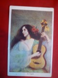 Ilustrata Femeie cu chitara - La Cigale / Reclama Ciocolata Louit ,inc.sec.XX
