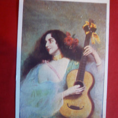 Ilustrata Femeie cu chitara - La Cigale / Reclama Ciocolata Louit ,inc.sec.XX