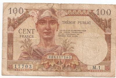 FRANTA 100 FRANCS TRESOR PUBLIC 1955 U foto
