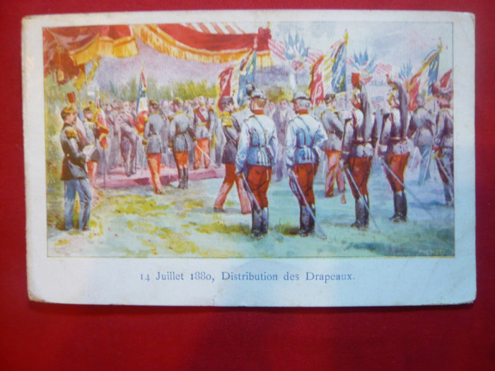 Ilustrata Litografie - 14 iulie 1880 - Impartirea drapelelor cca.1900 ,semnat P