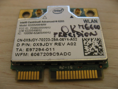 Placa wireless Dell Precision M6600 Centrino Advanced-N 6205, 62205ANHMW, 0X9JDY foto