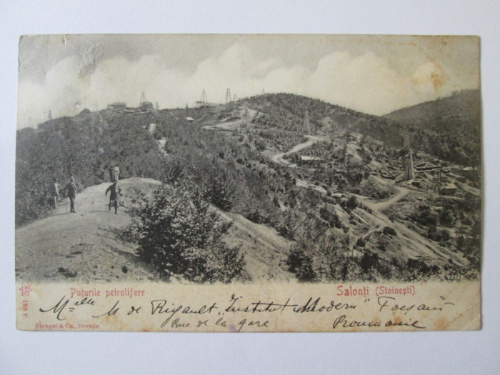 Carte postala circulata 1903 cu puturile petrolifere de la Stoinesti-Bacau