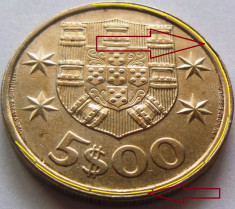 Moneda 5 Escudos- PORTUGALIA, anul 1977 *cod 4789 eroare batere surplus bavura foto