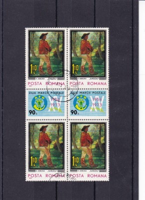 ROMANIA 1973 LP 834 ZIUA MARCII POSTALE ROMANESTI - SURUGIU BLOC DE 4 STAMP. foto