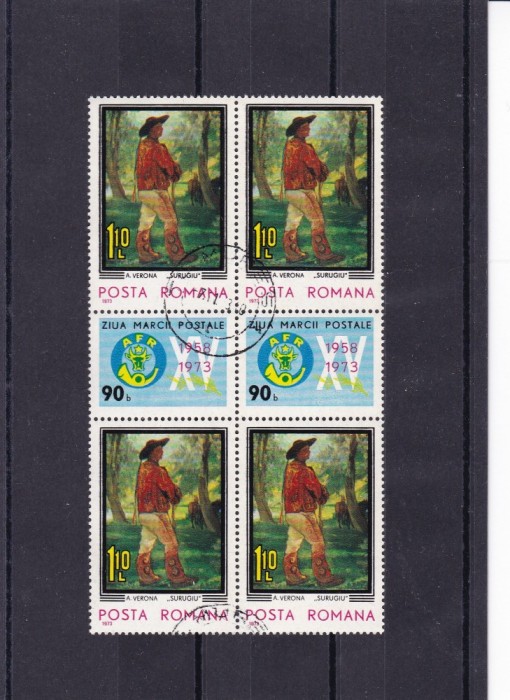 ROMANIA 1973 LP 834 ZIUA MARCII POSTALE ROMANESTI - SURUGIU BLOC DE 4 STAMP.