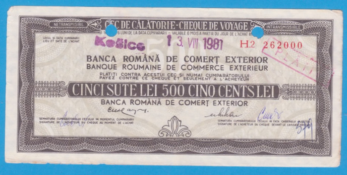 (2) CEC DE CALATORIE (CHEQUE DE VOYAGE) - CLUJ - KOSICE - 500 LEI, ANUL 1981