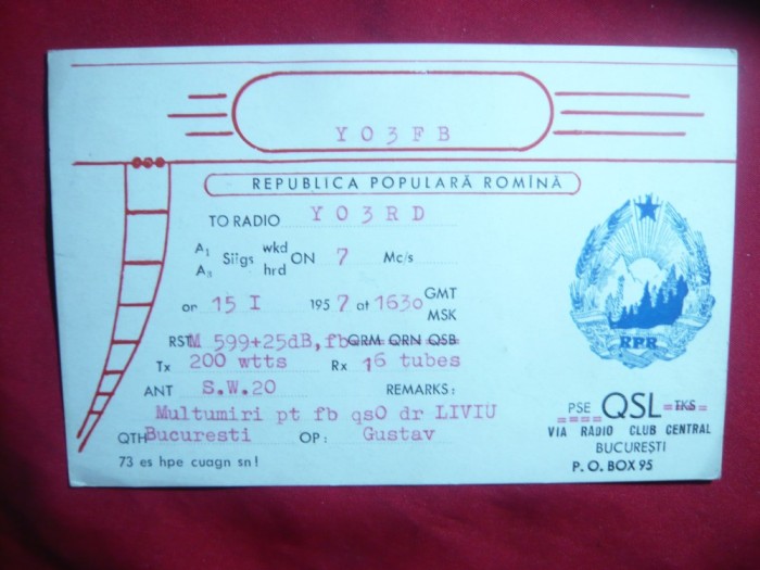 Carte Postala speciala Radio cu Stema veche a RPR 1957