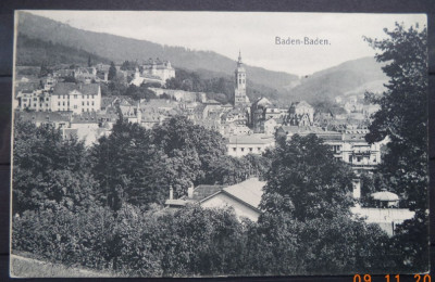 GERMANIA 1907&amp;ndash; ORASUL BADEN-BADEN, ilustrata ALB-NEGRU circulata, G627 foto