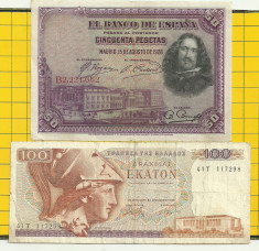 LOT- Spania 50 pesetas 1928-Grecia-100 drahme-1978- foto