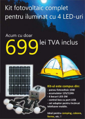 Kit fotovoltaic complet cu LED-uri pentru cabane 15W/4LED/12Ah + incarcator pentru telefoane mobile foto