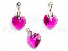 Set Cercei si Pandantiv Argint 925 cu Swarovski Elements 14mm HEART Fuchsia foto