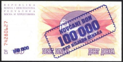 BOSNIA HERTEGOVINA 1993 - BANCNOTA 100.000 DINARI AUNC foto