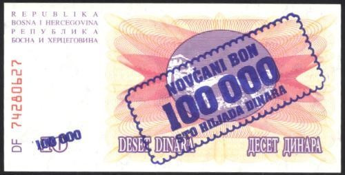 BOSNIA HERTEGOVINA 1993 - BANCNOTA 100.000 DINARI AUNC