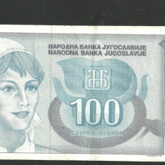 IUGOSLAVIA 1992 - BANCNOTA 100 DINARI, CIRCULATA VF (serie 6315)