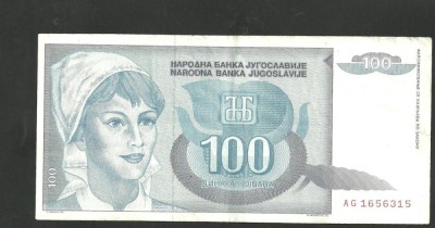 IUGOSLAVIA 1992 - BANCNOTA 100 DINARI, CIRCULATA VF (serie 6315) foto