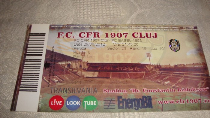 Bilet meci fotbal - CFR Cluj - F C Basel - 29. 08. 2012