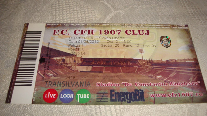 Bilet meci fotbal - CFR Cluj - Slovan Liberec - 01. 08. 2012 - Champions League