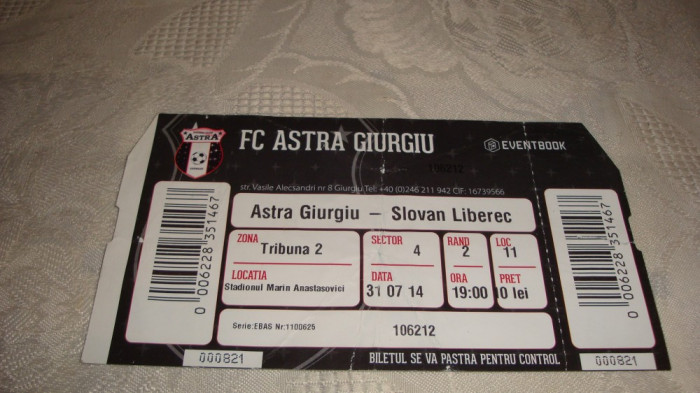 Bilet meci fotbal - Astra Giurgiu - Slovan Liberec - 2014 - Europa League