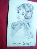 Ilustrata Portret -pictata manual, sem. Cseko Etuchy-stamp.Crucii Rosii Ungare