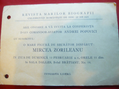 Invitatie la Conferinta pe tema - Marele Aviator Mircea Zorileanu , interbelica foto