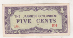 bnk bn burma 5 cents 1942 xf , 9a , ocupatia japoneza foto