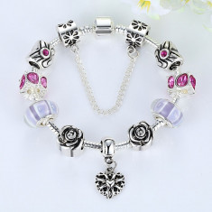 BRATARA tip PANDORA 9/ 10 charm talismane PINK ROSE placata argint 18 cm foto