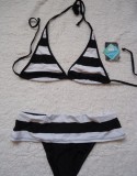 Costum Baie Dama 2 Piese Dungi Albe Negre, Slip Fustita Plaja Piscina, Sutien Reglabil, Brazilian, Marime XL
