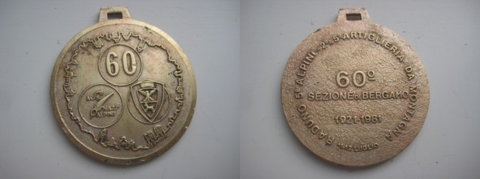 4850-Medalia Artileria de Munte bronz 60 ani aniversare. Raduno 5 Alpini.