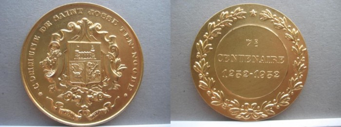 Medalia 7 Centenaire Commune de Saint Josse Belgia 1252-1952. Metal aurit.