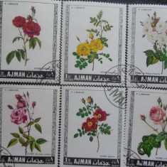 Serie timbre flora flori trandafiri plante Ajman stampilate
