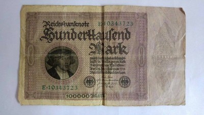 Bancnota veche Germania 100000 marci, Hunderttausend Mark, 1.02.1923 foto