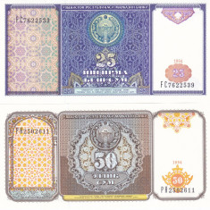 Bancnota Uzbekistan 25 si 50 Sum 1994 - P77-78 UNC ( set 2 bancnote )