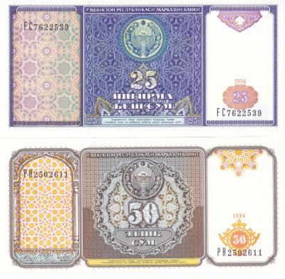 Bancnota Uzbekistan 25 si 50 Sum 1994 - P77-78 UNC ( set 2 bancnote ) foto