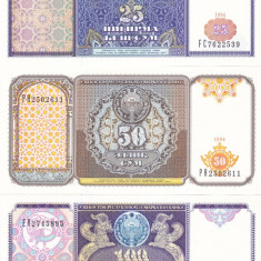 Bancnota Uzbekistan 25, 50 si 100 Sum 1994 - P77-79 UNC ( set 3 bancnote )