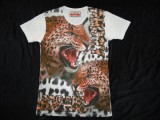 Tricou Barbati Bumbac Angry Leopard Imprimeu Fata Spate Animal Print Slim Fit Maneca Scurta Negru Alb, S
