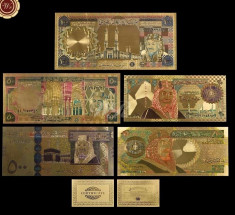 ARABIA SAUDITA - SET 5 BANCNOTE RIYALS COLOR POLYMER AURIT CU AUR 24k foto