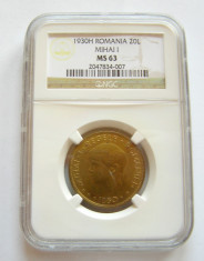 x287 ROMANIA 20 LEI 1930 H HEATON GRADAT NGC MS63 HORA foto