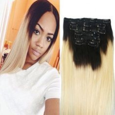 Extensii 100% par natural clip on ombre negru- blond deschis foto