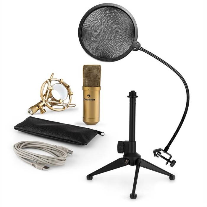 AUNA MIC-900G-LED V2, set de microfon usb, microfon condensator auriu + filtru pop + suport de masă foto mare AUNA MIC-900G-LED V2, set de microfon usb, microfon condensator auriu + filtru pop + suport de masă foto mare