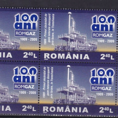 ROMANIA 2009 LP1831 100 ANI ROMGAZ BLOC DE 4 TIMBRE SI 2 VINIETE DIFERITE MNH