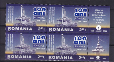 ROMANIA 2009 LP1831 100 ANI ROMGAZ BLOC DE 4 TIMBRE SI 2 VINIETE DIFERITE MNH foto
