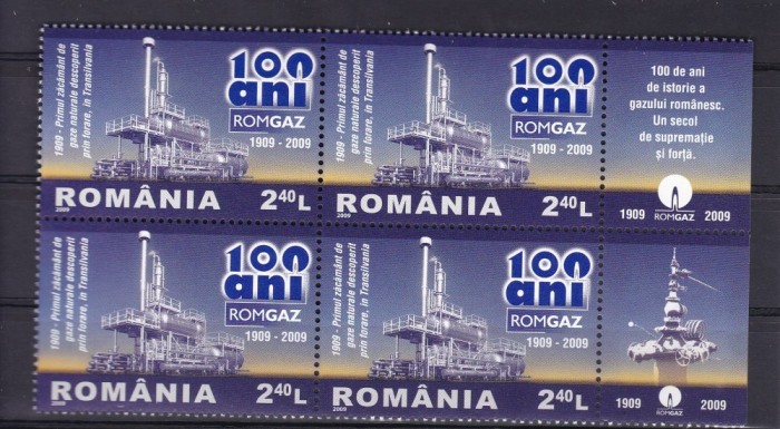 ROMANIA 2009 LP1831 100 ANI ROMGAZ BLOC DE 4 TIMBRE SI 2 VINIETE DIFERITE MNH